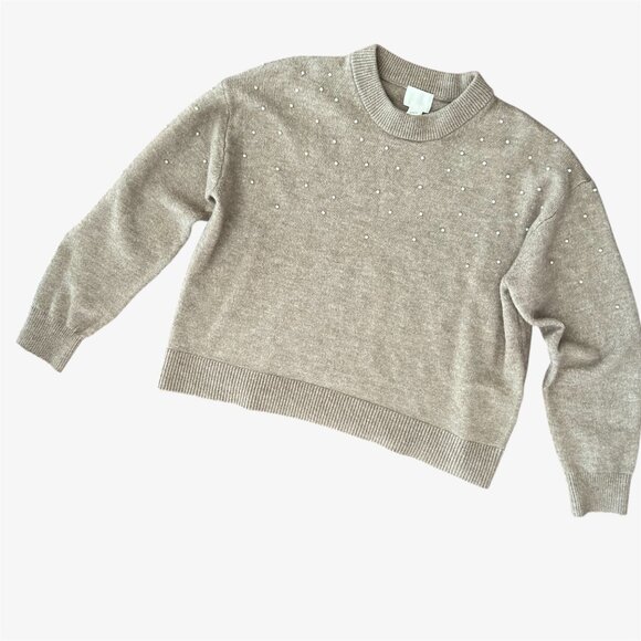 H&M Beige Faux Pearl Embellished Crewneck Sweater Size Medium Poly/Wool Blend - Picture 9 of 9